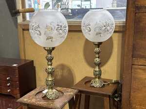 Pair of brass table lamps with etched glass shades