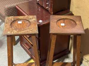 Pair of antique Arts and Crafts oak planter stands - 2