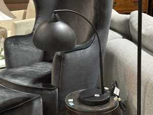 Two brushed metal lamps in matte black, one with cream fabric shade - 2