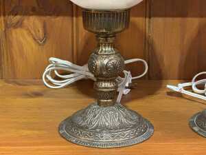 Pair of antique-style table lamps with metal bases and opaque glass shades - 3