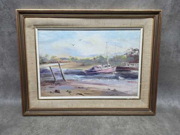 Elaine R. Burge, Boats at Warneet, 1975. Oil painting on board