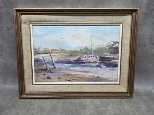 Elaine R. Burge, Boats at Warneet, 1975. Oil painting on board