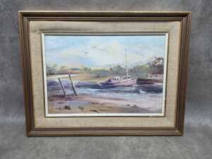 Elaine R. Burge, Boats at Warneet, 1975. Oil painting on board