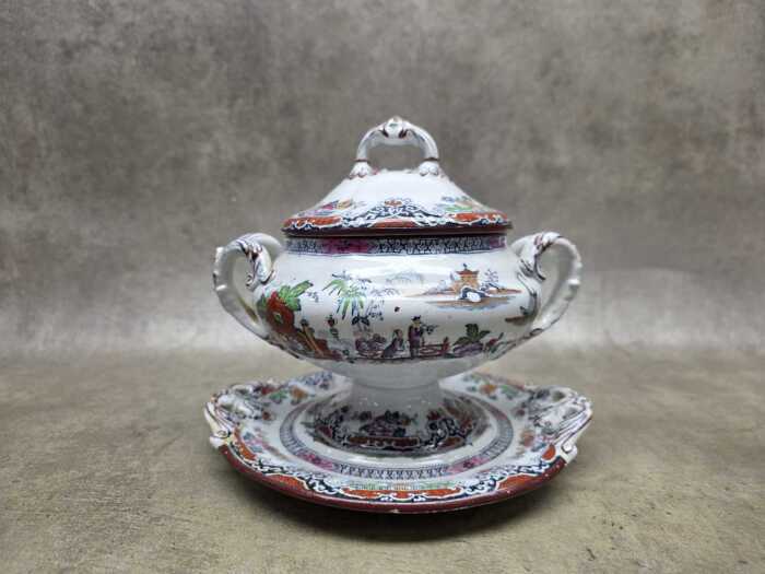 Antique Thomas Till & Sons lead-glazed earthenware sauce tureen and saucer, c. 1860s