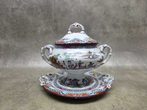 Antique Thomas Till & Sons lead-glazed earthenware sauce tureen and saucer, c. 1860s