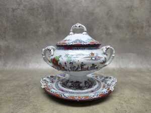Antique Thomas Till & Sons lead-glazed earthenware sauce tureen and saucer, c. 1860s