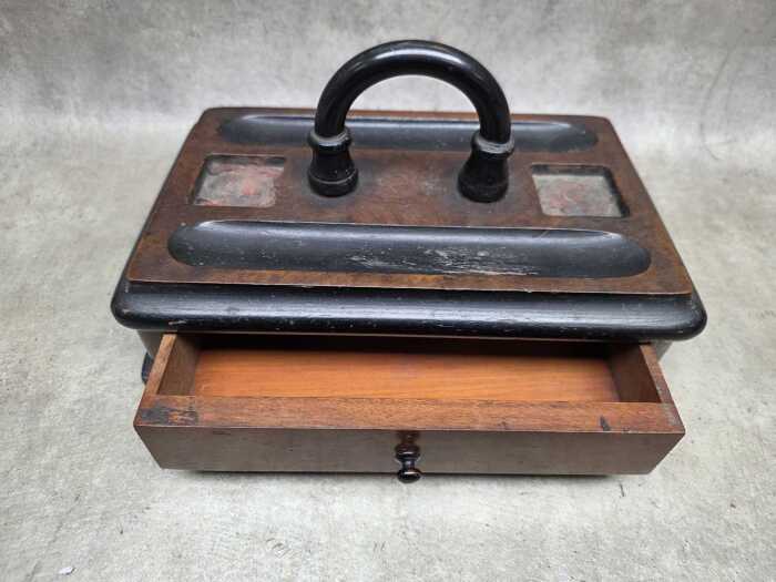 Antique timber desk tidy and ink well set with handle and drawer