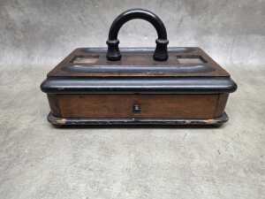 Antique timber desk tidy and ink well set with handle and drawer - 2