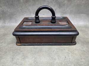Antique timber desk tidy and ink well set with handle and drawer - 3
