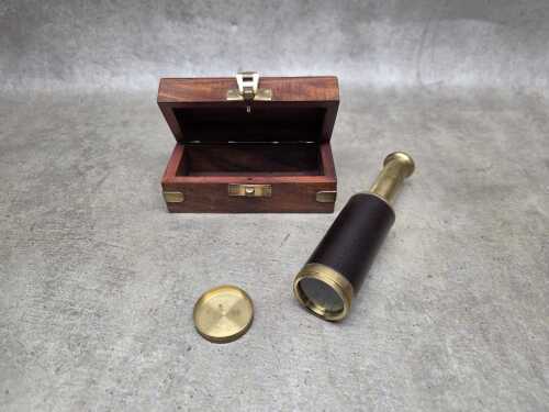 Vintage brass telescope with timber case