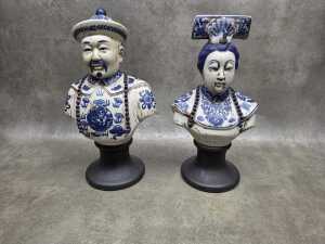 Pair of porcelain Chinese busts in blues and white
