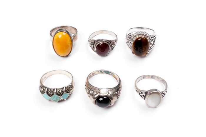 Six gemstone rings in sterling silver