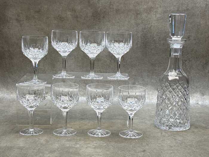 Cut crystal decanter and eight wine glasses