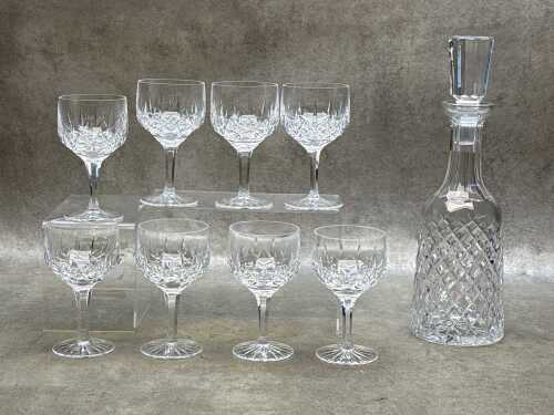 Cut crystal decanter and eight wine glasses