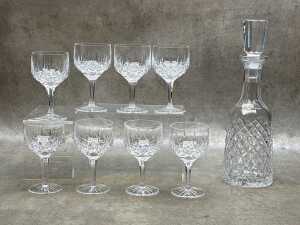 Cut crystal decanter and eight wine glasses
