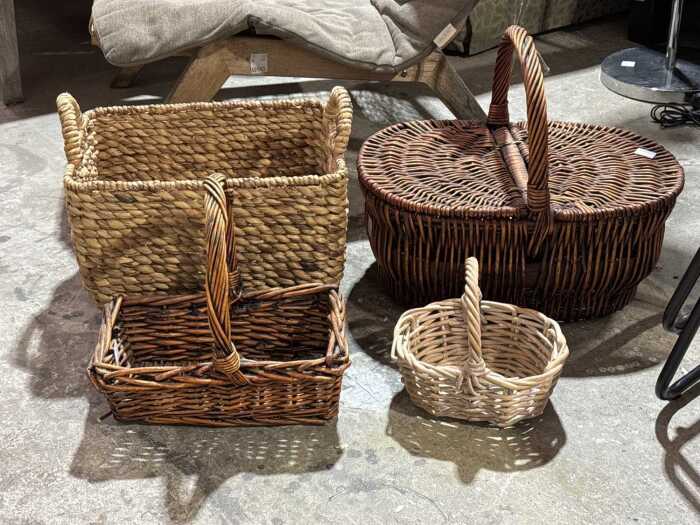 Four woven wicker baskets