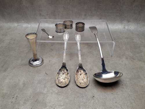 Antique and vintage silver-plated items including Victorian berry spoons, napkin rings, ladles, etc.