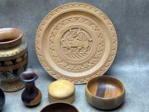Assorted carved timber items including sculptures, turned wood vase, bowls, etc. - 2
