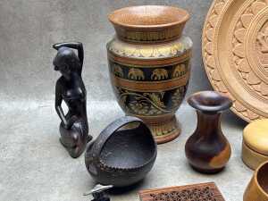 Assorted carved timber items including sculptures, turned wood vase, bowls, etc. - 3