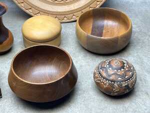 Assorted carved timber items including sculptures, turned wood vase, bowls, etc. - 4