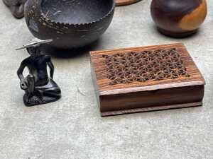 Assorted carved timber items including sculptures, turned wood vase, bowls, etc. - 5