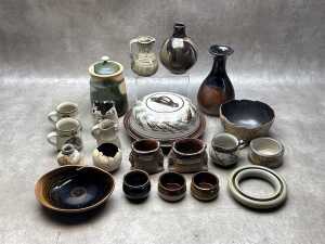Assorted studio pottery including vases, cannisters, bowls, etc.