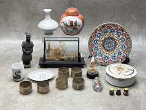 Oriental decorative items including 2x cork dioramas, 6x silver-plated napkin rings, reverse painted snuff bottle, etc.