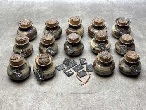 14 Robert Gordon Gembrook Pottery spice canisters with additional spice labels