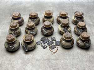 14 Robert Gordon Gembrook Pottery spice canisters with additional spice labels