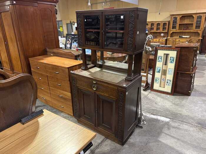 19th-century serving gallery with extension shelf and stone-inlaid top