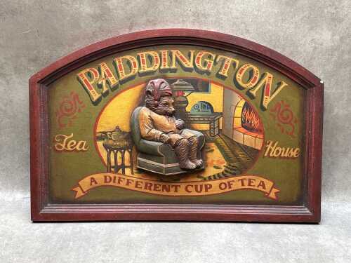 'Paddington Tea House' hand-painted timber sign with carved Paddington to centre