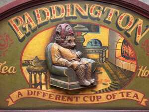 'Paddington Tea House' hand-painted timber sign with carved Paddington to centre - 2