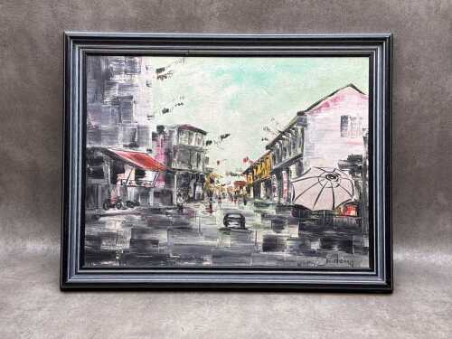 Heng (artist unknown), (Asian street scene), acrylic painting on board