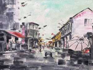 Heng (artist unknown), (Asian street scene), acrylic painting on board - 2