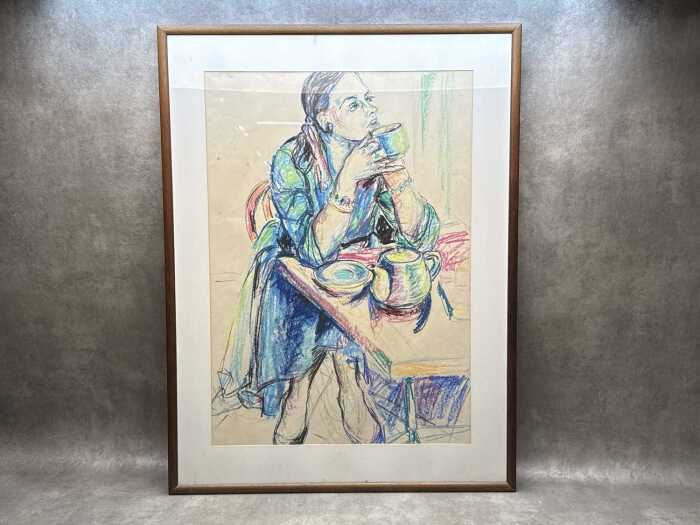 Artist unknown, portrait of lady sipping tea. Pastel drawing on paper