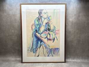 Artist unknown, portrait of lady sipping tea. Pastel drawing on paper