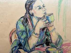 Artist unknown, portrait of lady sipping tea. Pastel drawing on paper - 2