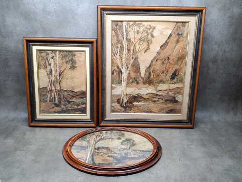 Jacqueline Laing, bark paintings (3). Three vintage framed bark collages
