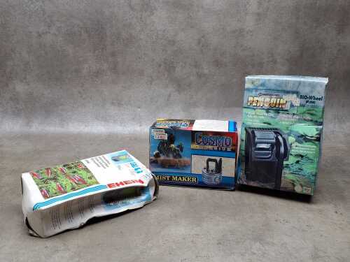Three aquarium filters including Eheim, Cosmo mist-maker and Marineland Bio-Wheel Mini