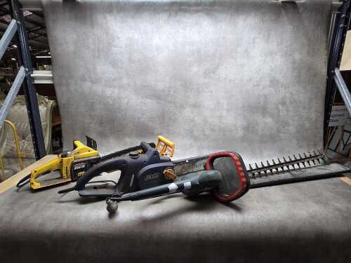 Two electric chainsaws and a hedge trimmer, including Metabo HS 8366 S electric hedge trimmer