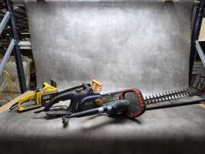 Two electric chainsaws and a hedge trimmer, including Metabo HS 8366 S electric hedge trimmer