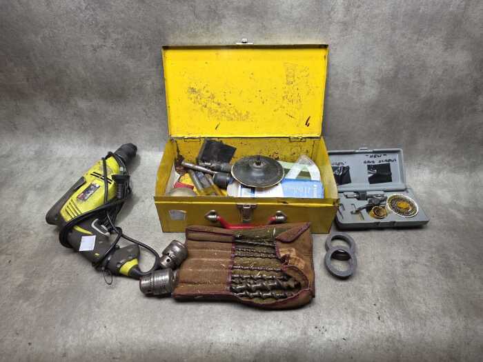 Ryobi electric drill with toolbox and assorted accessories
