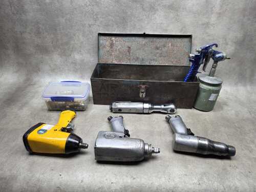 Assorted pneumatic air tools, spray gun and tool box