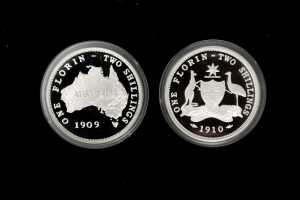 The 1909-1910 Australian Florin Centenary Collection $1 set of two silver proof coins totalling 2oz 99.9% pure silver - 2