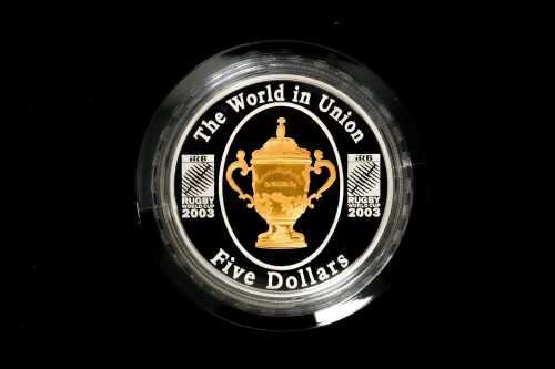 Rugby World Cup 2003 $5 silver and selectively gold plated proof coin, 1oz 99.9% pure silver, 99.99% pure gold plating