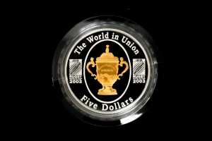 Rugby World Cup 2003 $5 silver and selectively gold plated proof coin, 1oz 99.9% pure silver, 99.99% pure gold plating