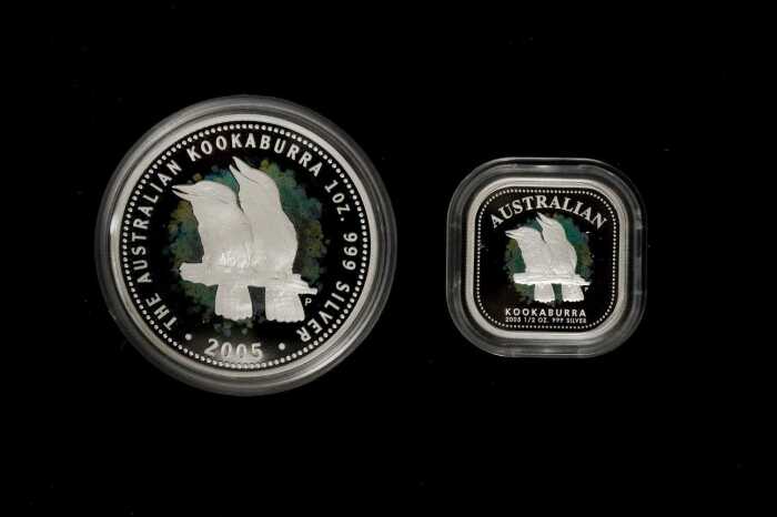Australian Kookaburra 2005 two piece silver proof set, $1 31.14g 99.9% pure silver coin, and 50c 15.57g 99.9% pure silver coin