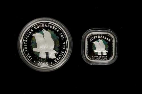 Australian Kookaburra 2005 two piece silver proof set, $1 31.14g 99.9% pure silver coin, and 50c 15.57g 99.9% pure silver coin