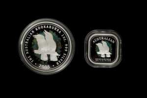 Australian Kookaburra 2005 two piece silver proof set, $1 31.14g 99.9% pure silver coin, and 50c 15.57g 99.9% pure silver coin