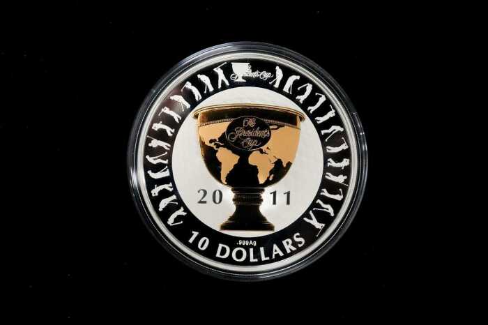 The Presidents Cup 2011 $10 silver selectively gold plated proof coin, 5oz 99.9% pure silver